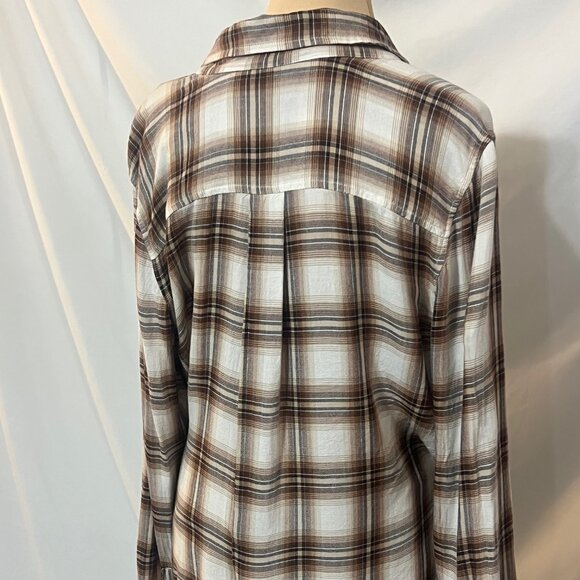 Plaid, brown, tan/cream button down shirt Time and Tru, size Medium (8-10), - Picture 3 of 5